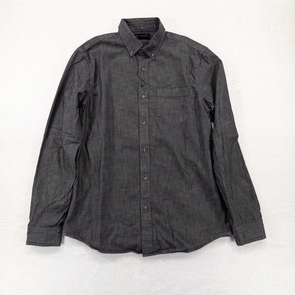 Banana Republic Mens Shirt Medium TALL Gray Untucked Fit Chambray Button Down